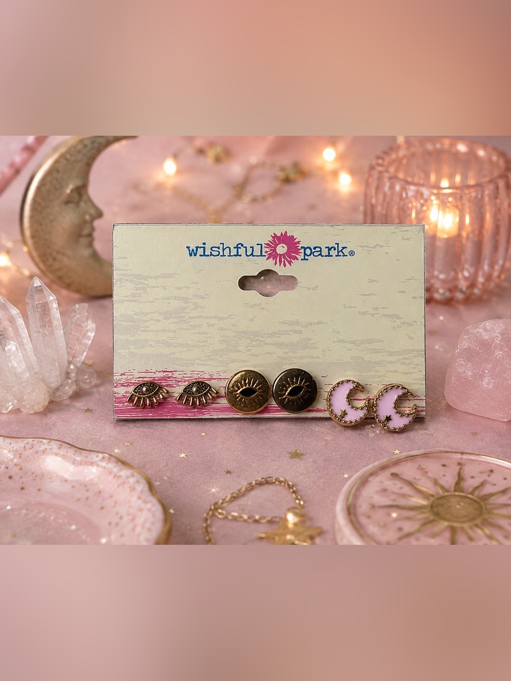 ✨ Wishful Park Pink Enamel Crescent Moon & Gold Eye Stud Trio